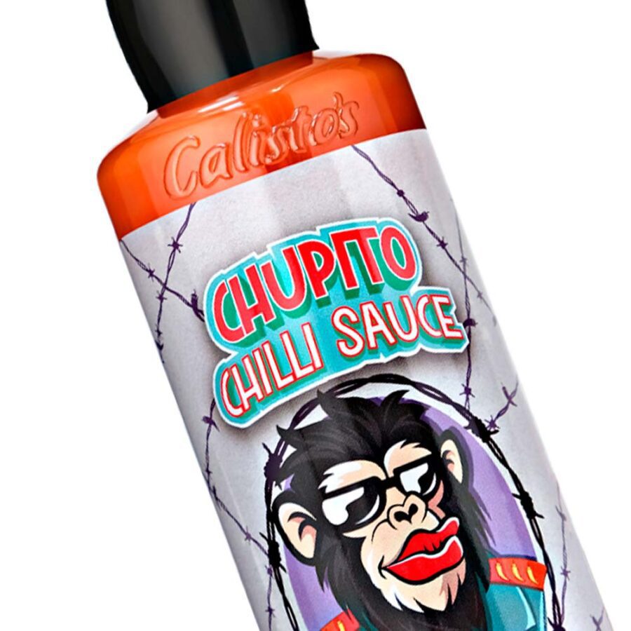 Calisto’s Chupito Chilli Sauce - 250ml hot sauce with bold flavour and branded gorilla label. Close up.