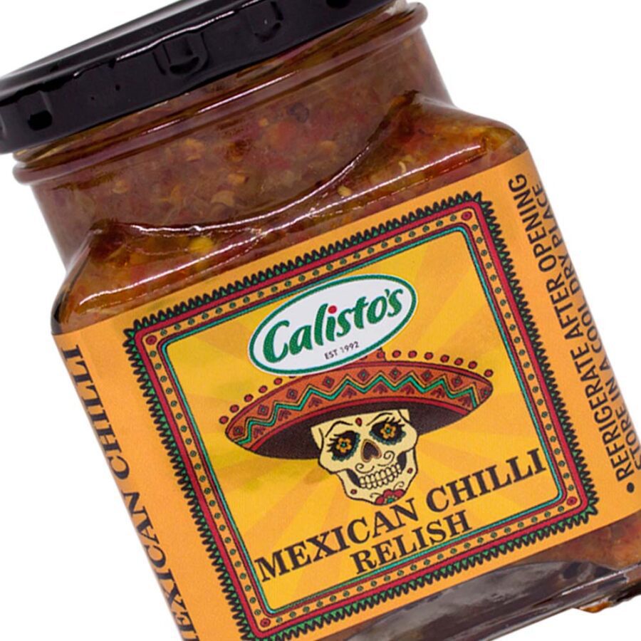 Calisto’s Table Sauces - Mexican Chilli Relish - bold smoky chilli relish for tacos, burgers, and braai meals. Close up.