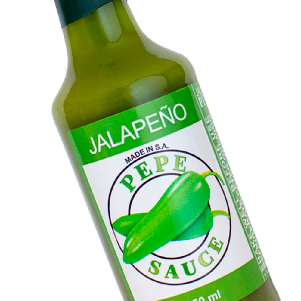 pepe jalapeno zoom sml Pepe Sauce - Green Chilli - zesty green chilli hot sauce for everyday meals. Close up.