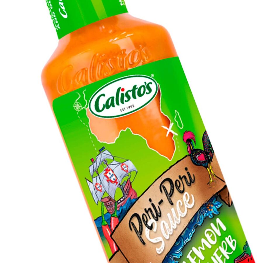 Calisto’s Peri-Peri Sauce - Lemon and Herb - zesty mild peri-peri sauce for chicken and seafood. Close up.