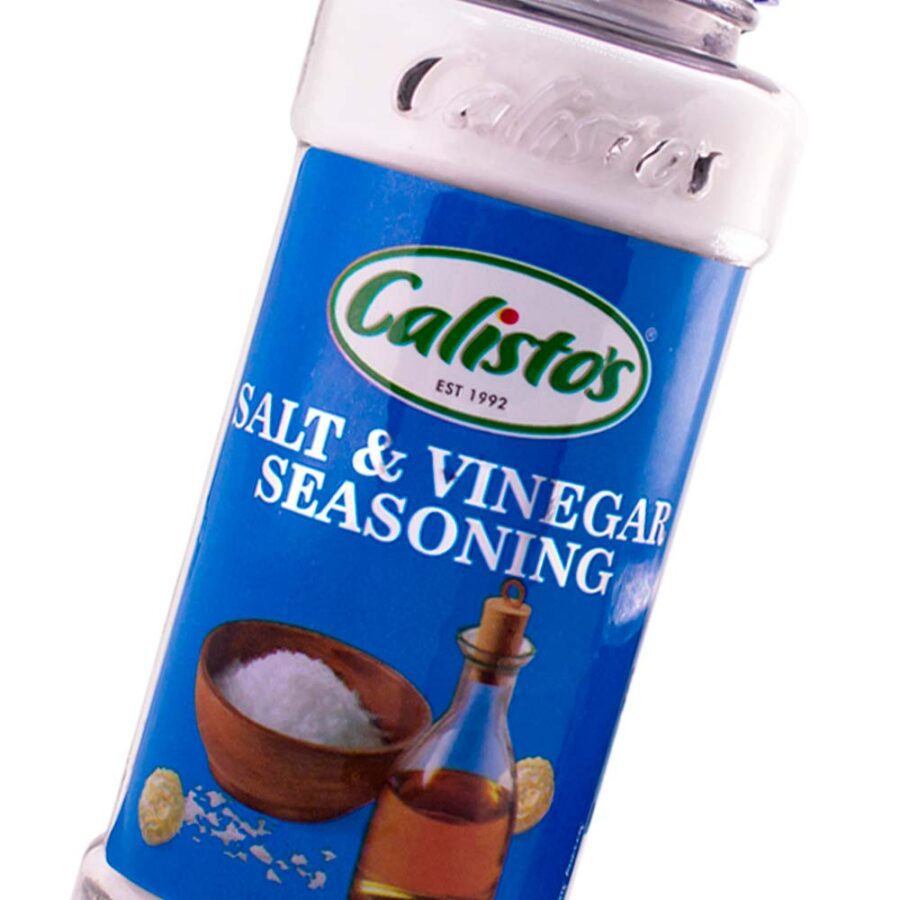 Calisto’s Salt & Vinegar Seasoning - tangy seasoning for chips, popcorn, and savoury snacks. Close up.