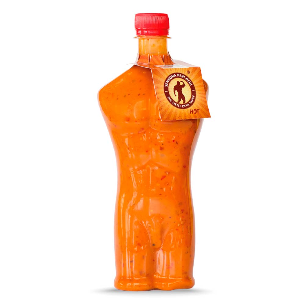 senhorhot sml Calisto’s Senhor Peri-Peri Sauce - Hot - spicy peri-peri sauce in a bold male-shaped bottle.