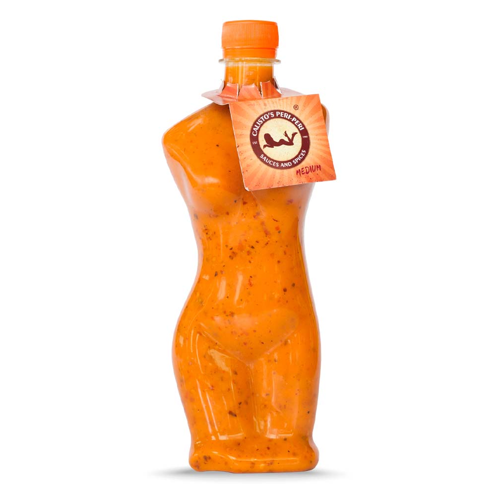senhoritamedium sml Calisto’s Senhorita Peri–Peri Sauce - Medium - medium-heat peri-peri sauce in a unique woman-shaped bottle.