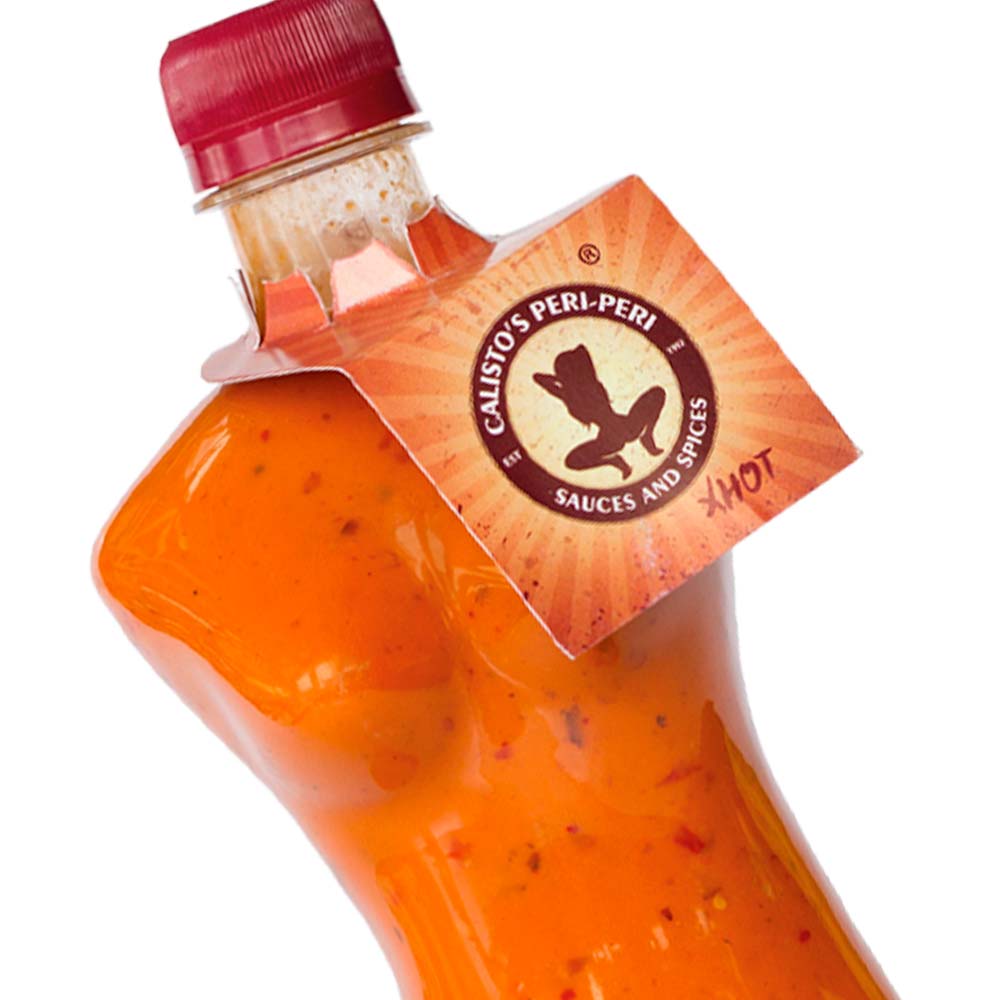 senhoritaxhot zoom sml Calisto’s Senhorita Peri-Peri Sauce - Extra Hot - fiery peri-peri sauce in a bold female-shaped bottle. Close up.