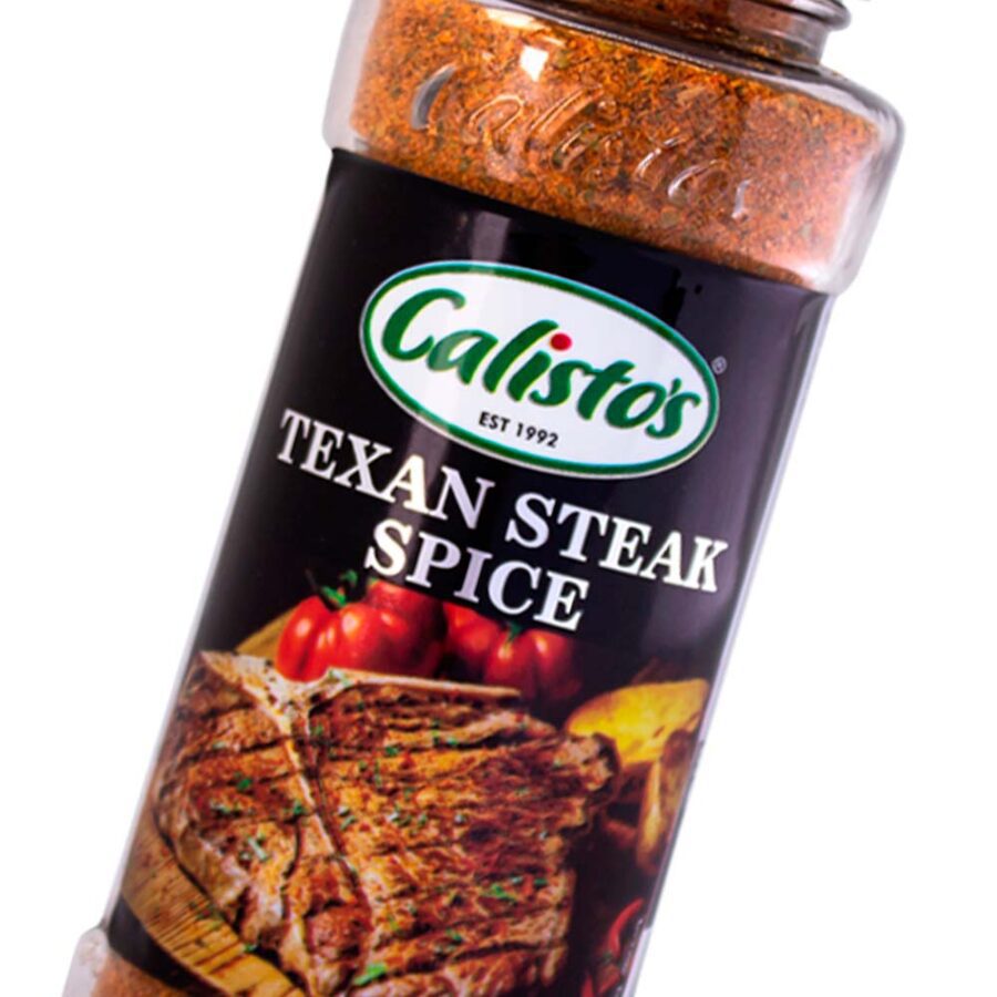Calisto’s Texan Steak Spice - smoky seasoning blend for steak, chops, and braai meats. Close up.